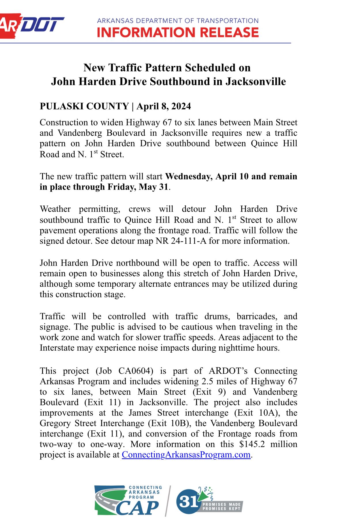 John Harden Drive Temporary Traffic Pattern Release_Apr2024