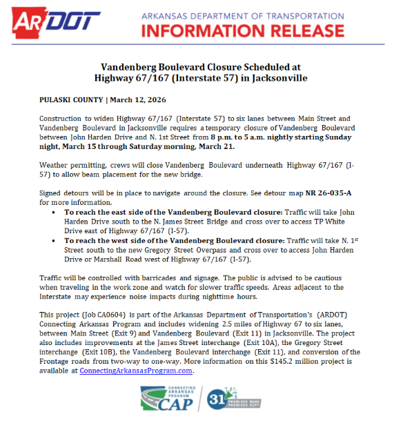 Vandenberg Under Overpass Closed Nightly March 2026