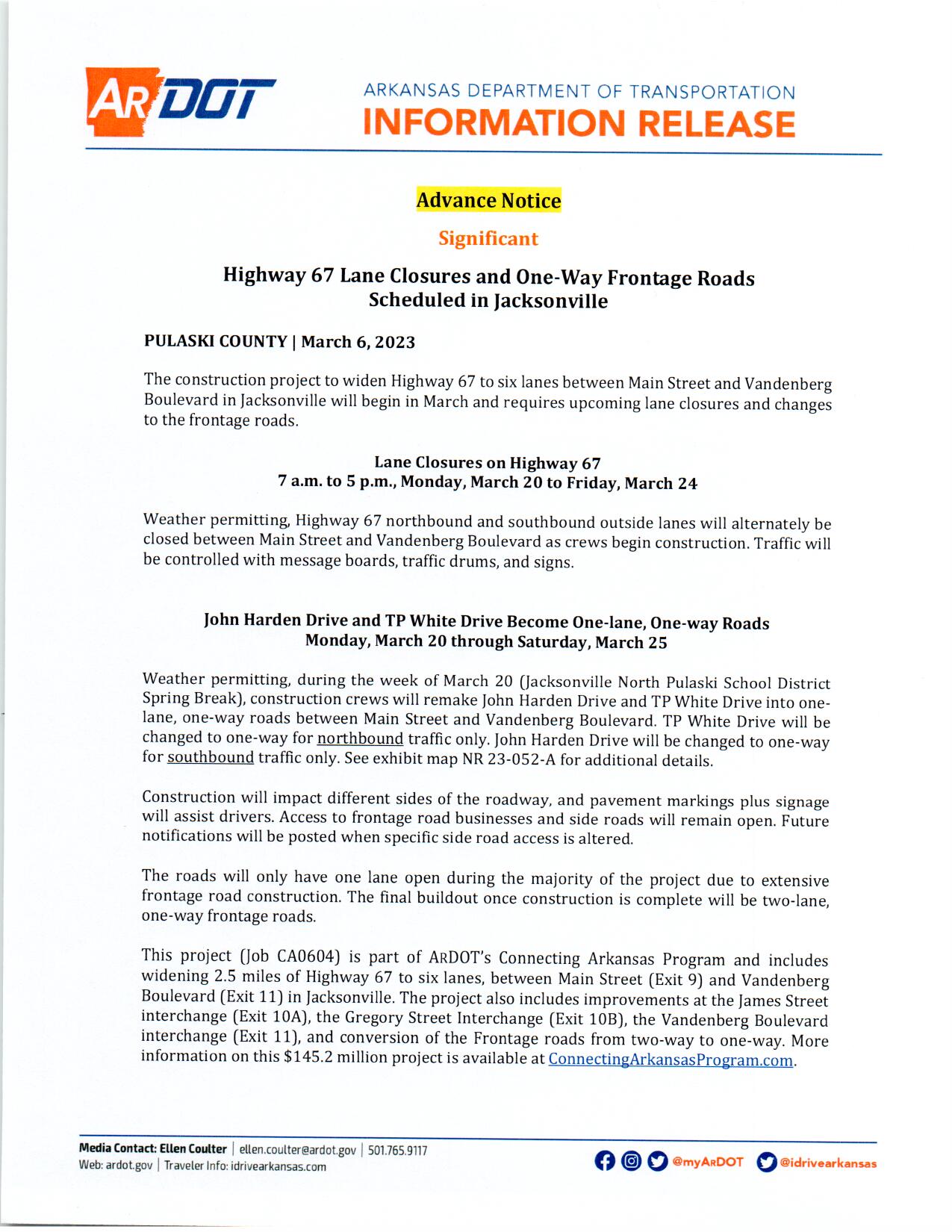 Department of Transportation information on one ways