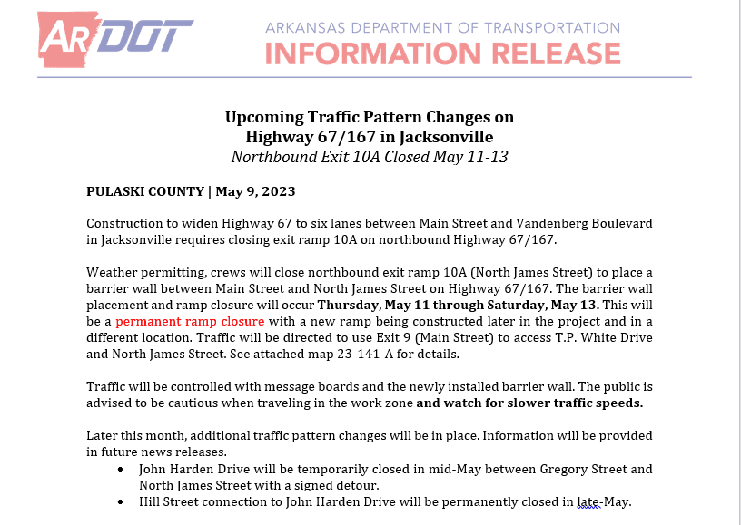 ARDOT Information Release for May 10th