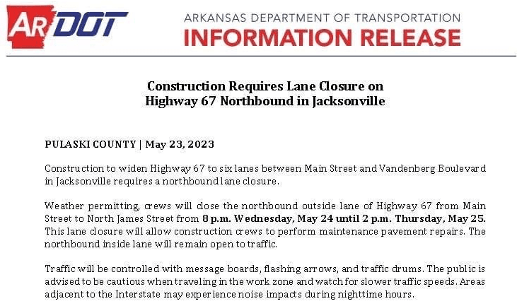 Highway 67 lane closure notice