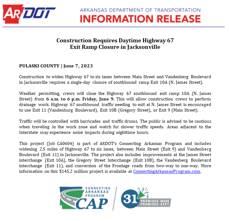 June 9 Temporary Exit Closure Release