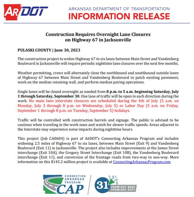 June 30 Interstate Overnight Lane Closures