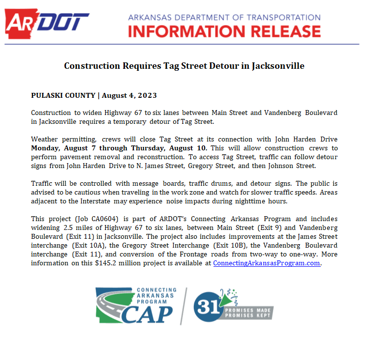 Tag Street Detour August 2023