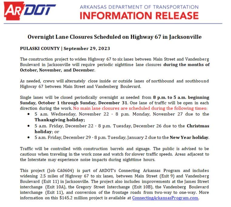 October November December Overnight Lane Closures