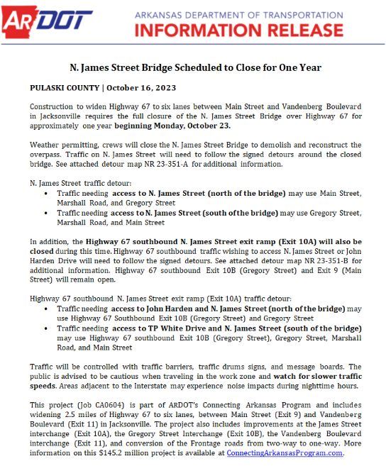 N. James Street Bridge Closure Release
