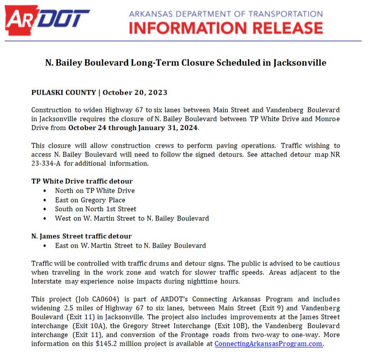 N. Bailey Boulevard Detour Release